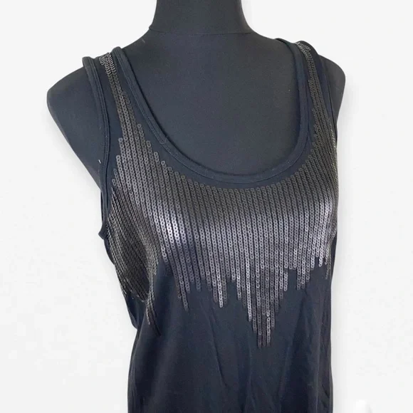 ANA Black Sequin Accent Sleeveless Stretch knit Tank Top L - Picture 2 of 8